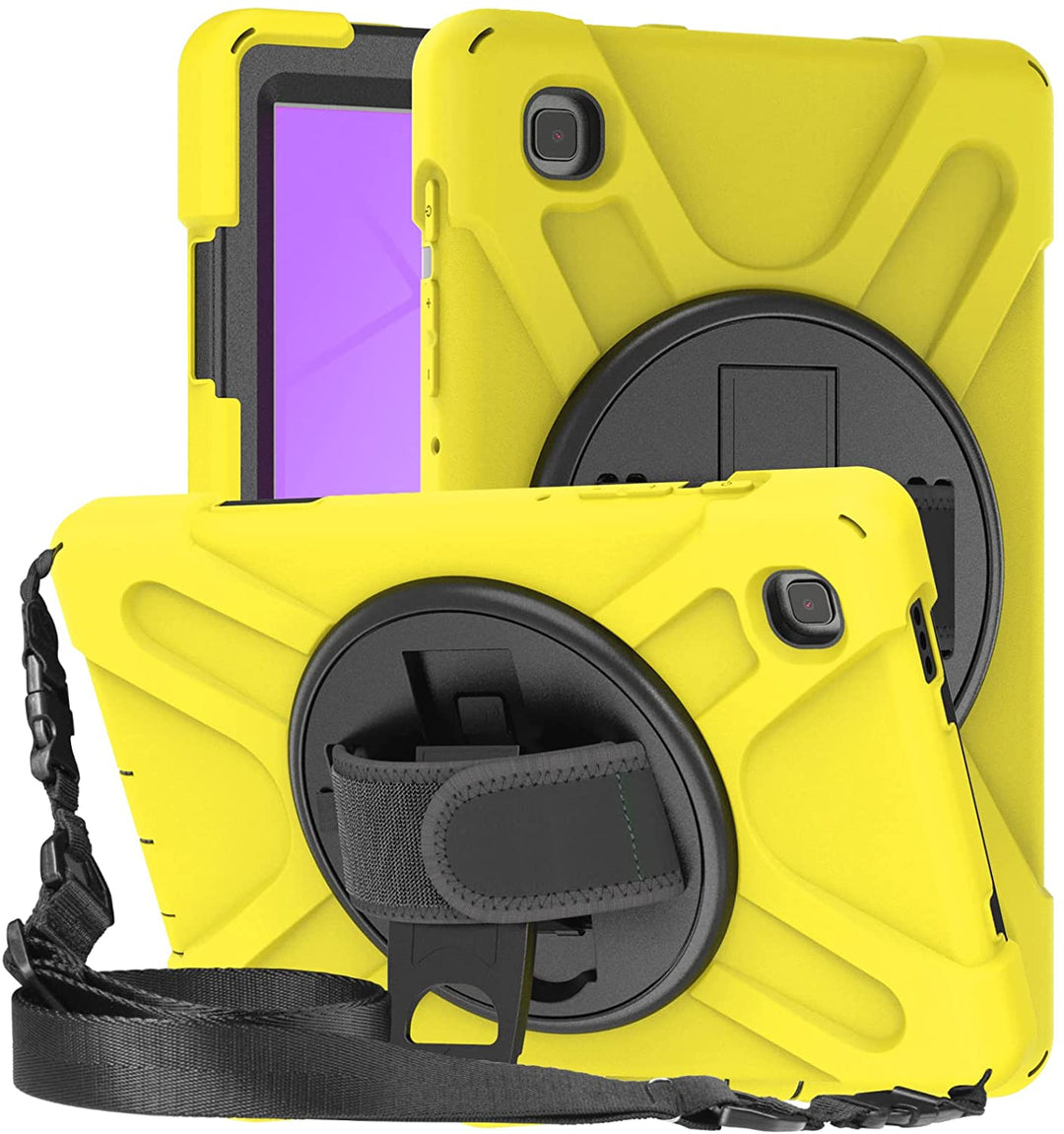 A tablet covered in a black-polymer and yellow-silicone case. The case has a kickstand, hand-strap, and shoulder strap. The kickstand is extended to hold the tablet in a tilted position. #color_black-yellow