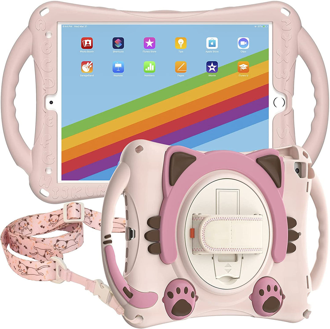 A light-pink silicone tablet case with a hand-strap, kickstand, and shoulder strap. The letters of the alphabet are stamped on the front side. The back side has cat ears, whiskers, and paws projected outwardly from the case. The pink shoulder strap has playful cat designs. #color_pink