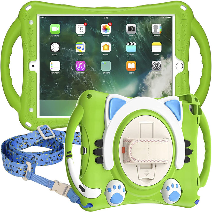 A green silicone tablet case with a hand-strap, kickstand, and shoulder strap. The letters of the alphabet are stamped on the front side. The back side has white-blue cat ears, black whiskers, and white-blue paws projected outwardly. The blue shoulder strap has playful cat designs. #color_frog-green
