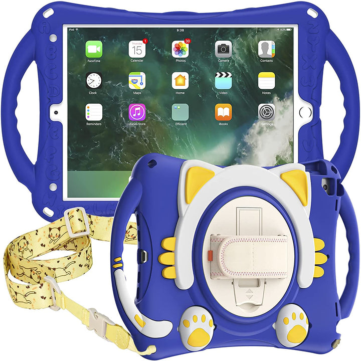 A blue silicone tablet case with a hand-strap, kickstand, and shoulder strap. The letters of the alphabet are stamped on the front. The back has white-yellow cat ears, yellow whiskers, and white-yellow paws projected outwardly. The yellow shoulder strap has playful cat designs. #color_dark-blue