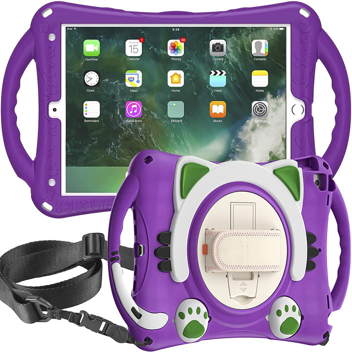 A purple silicone tablet case with a white hand-strap, white kickstand, and black shoulder strap. The letters of the alphabet are stamped on the front side. The back side has white-green cat ears, black whiskers, and white-green paws projected outwardly. #color_purple