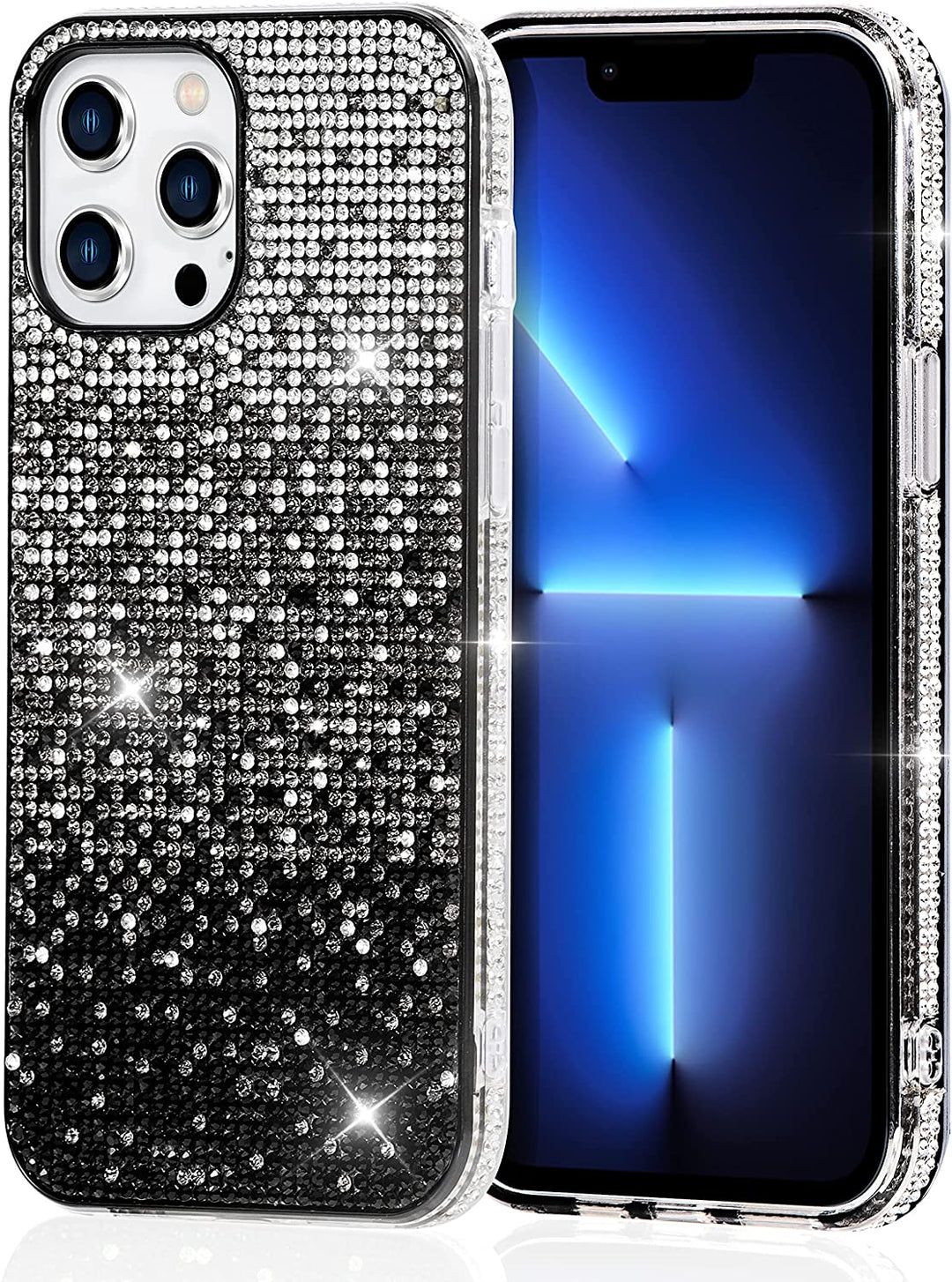 A faux-diamond studded TPU case for the iPhone 12 Pro Max. The case has a color gradient that transitions between black and white diamonds. #color_black
