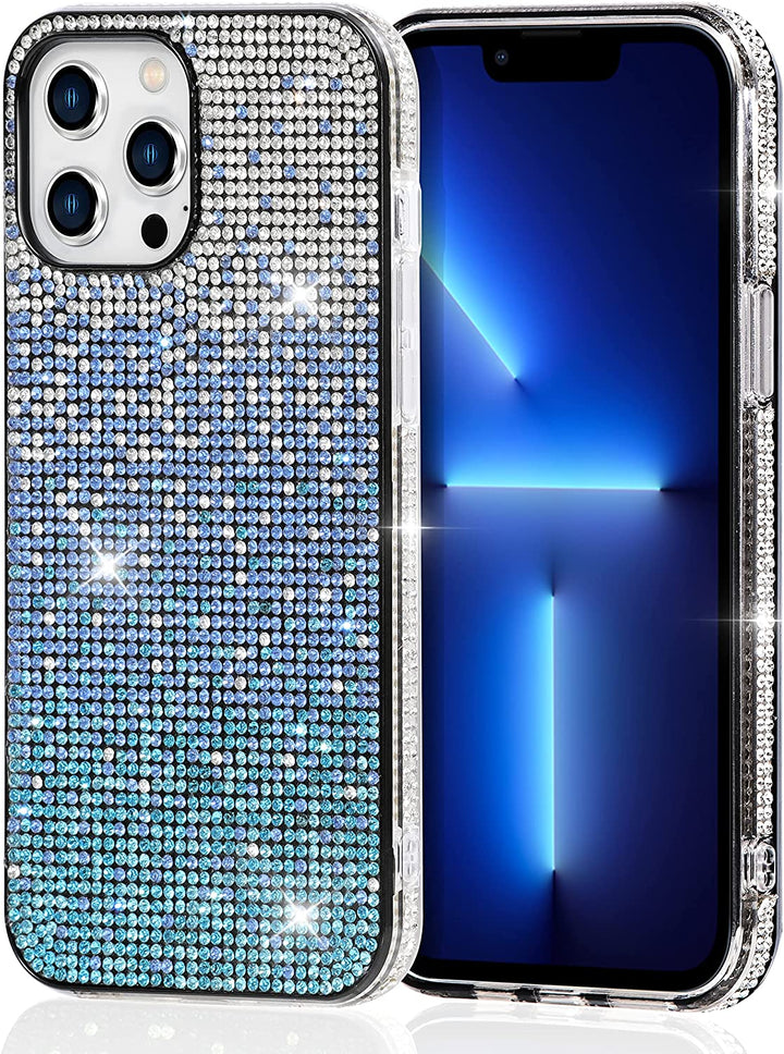 A faux-diamond studded TPU case for the iPhone 12 Pro Max. The case has a color gradient that transitions between blue and white diamonds. #color_blue