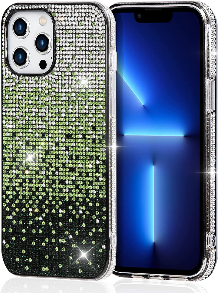 A faux-diamond studded TPU case for the iPhone 12 Pro Max. The case has a color gradient that transitions between black, white, and green diamonds. #color_green