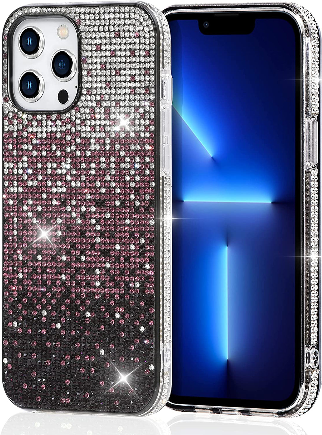 A faux-diamond studded TPU case for the iPhone 12 Pro Max. The case has a color gradient that transitions between black, white, and purple diamonds. #color_dark-purple