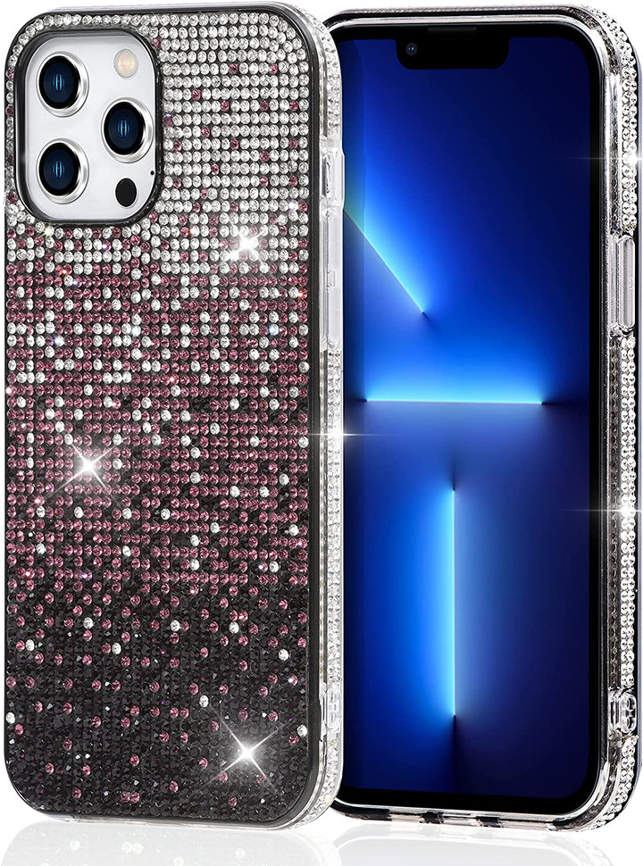 A faux-diamond studded TPU case for the iPhone 12 Pro Max. The case has a color gradient that transitions between black, white, and purple diamonds. #color_dark-purple