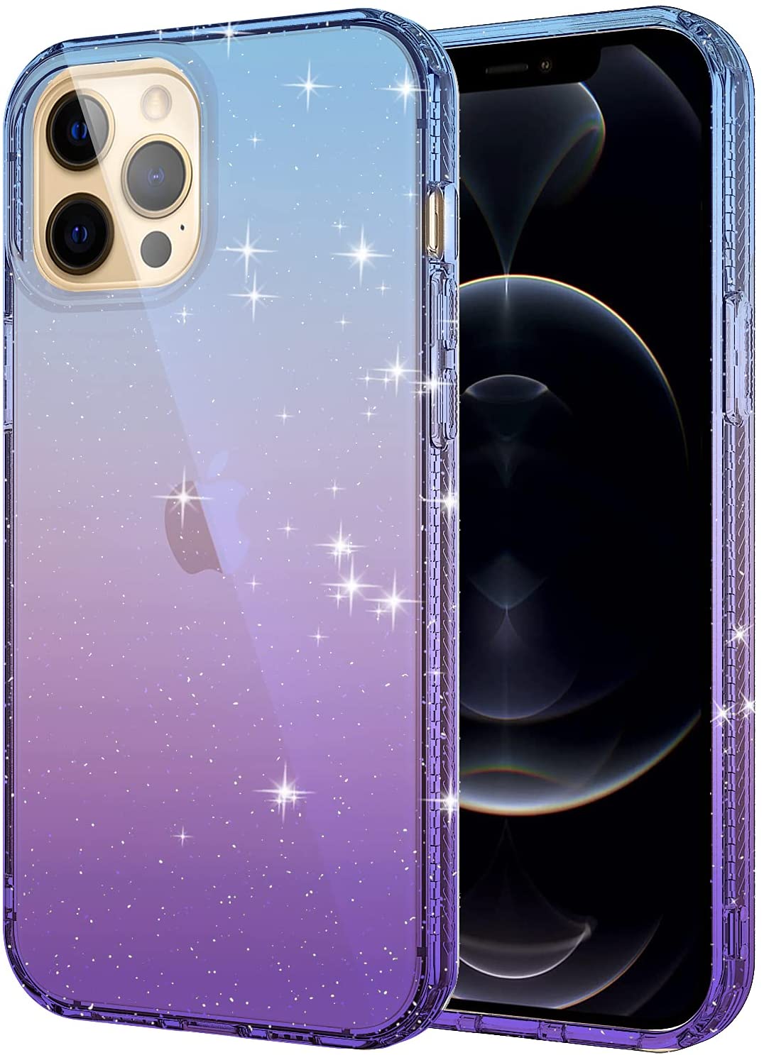 A translucent, TPU, iPhone 12 Pro Max case, with glitter. The case has a two tone gradient that transitions between blue and purple. #color_dark-blue-purple-2tone