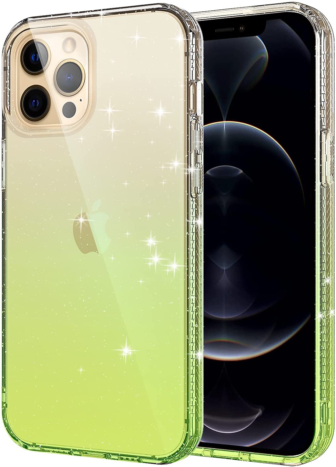 A translucent, TPU, iPhone 12 Pro Max case, with glitter. The case has a two tone gradient that transitions between clear and green. #color_clear-green-2tone