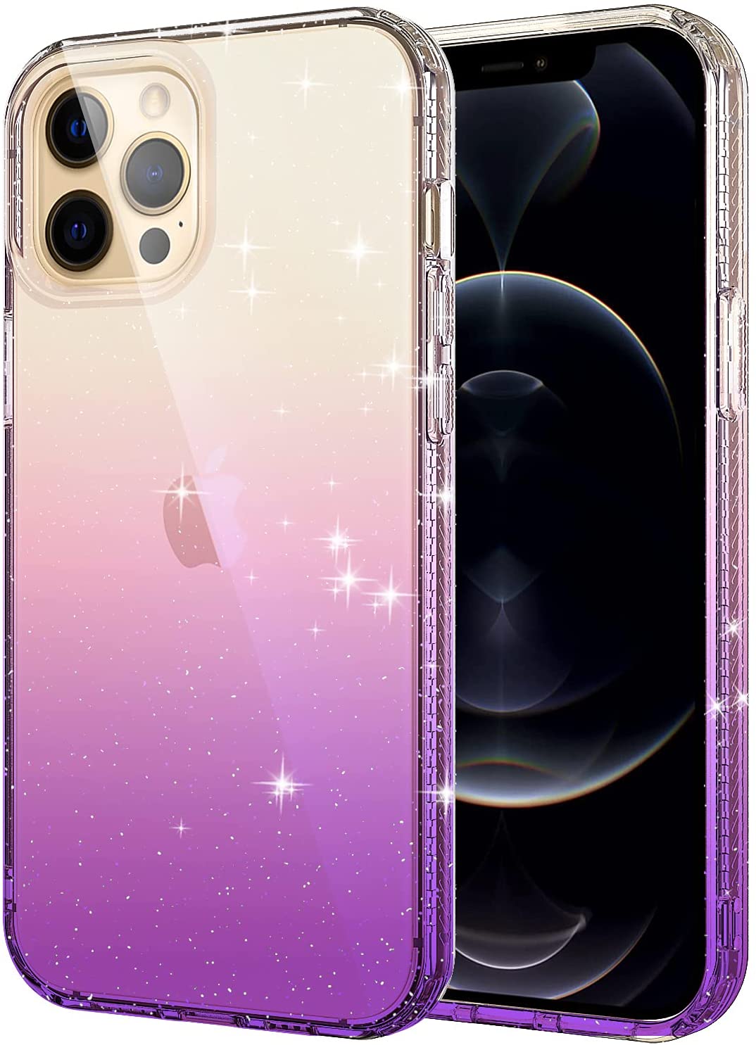 A translucent, TPU, iPhone 12 Pro Max case, with glitter. The case has a two tone gradient that transitions between clear and light purple. #color_clear-light-purple-2tone