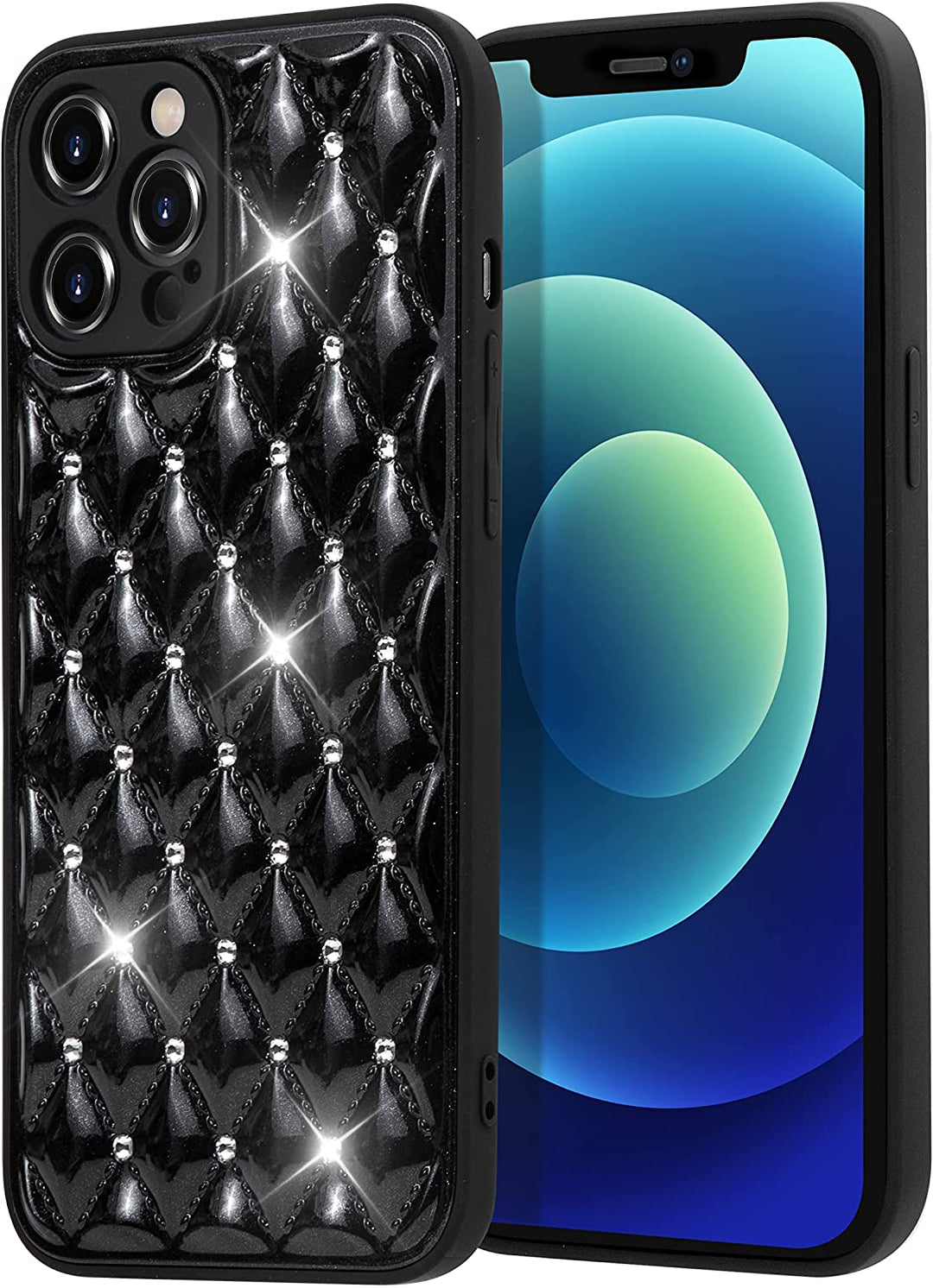 A black, glossy, TPU iPhone 12 Pro Max case. The back is designed with interlocking diamond patterns. At each intersection of the diamonds are studded with faux diamonds. #color_black