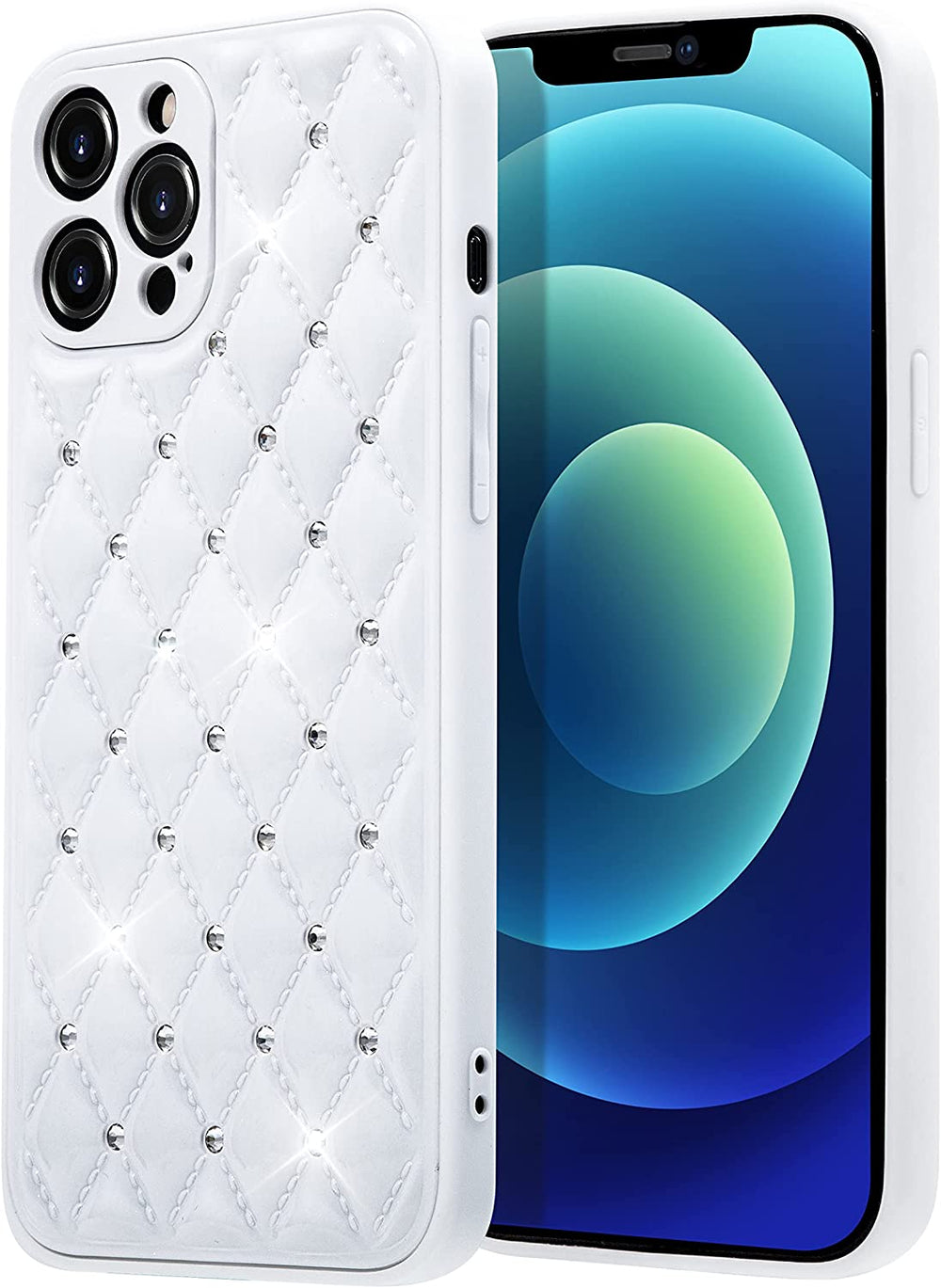 A white, glossy, TPU, iPhone 12 Pro Max case. The back is designed with interlocking diamond patterns. At each intersection of the diamonds are studded with faux diamonds. #color_white