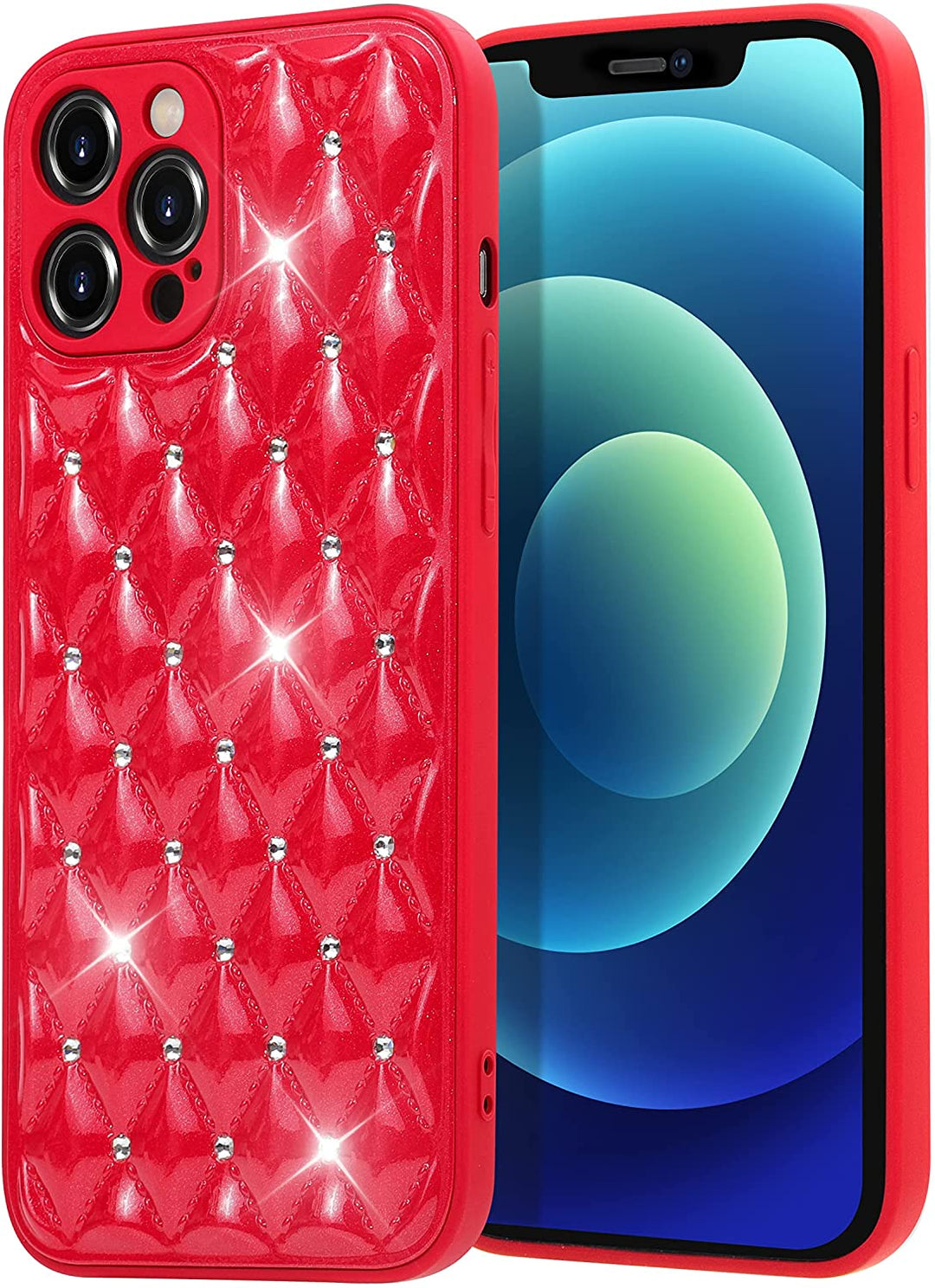 A red, glossy, TPU, iPhone 12 Pro Max case. The back is designed with interlocking diamond patterns. At each intersection of the diamonds are studded with faux diamonds.#color_red