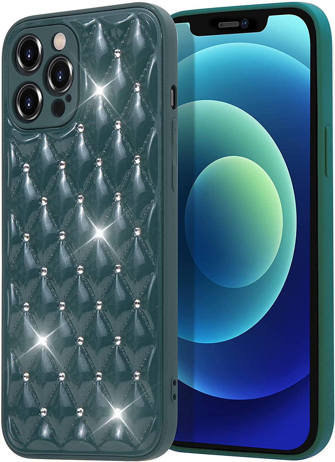 An alpine-green, glossy, TPU, iPhone 12 Pro Max case. The back is designed with interlocking diamond patterns. At each intersection of the diamonds are studded with faux diamonds. #color_green
