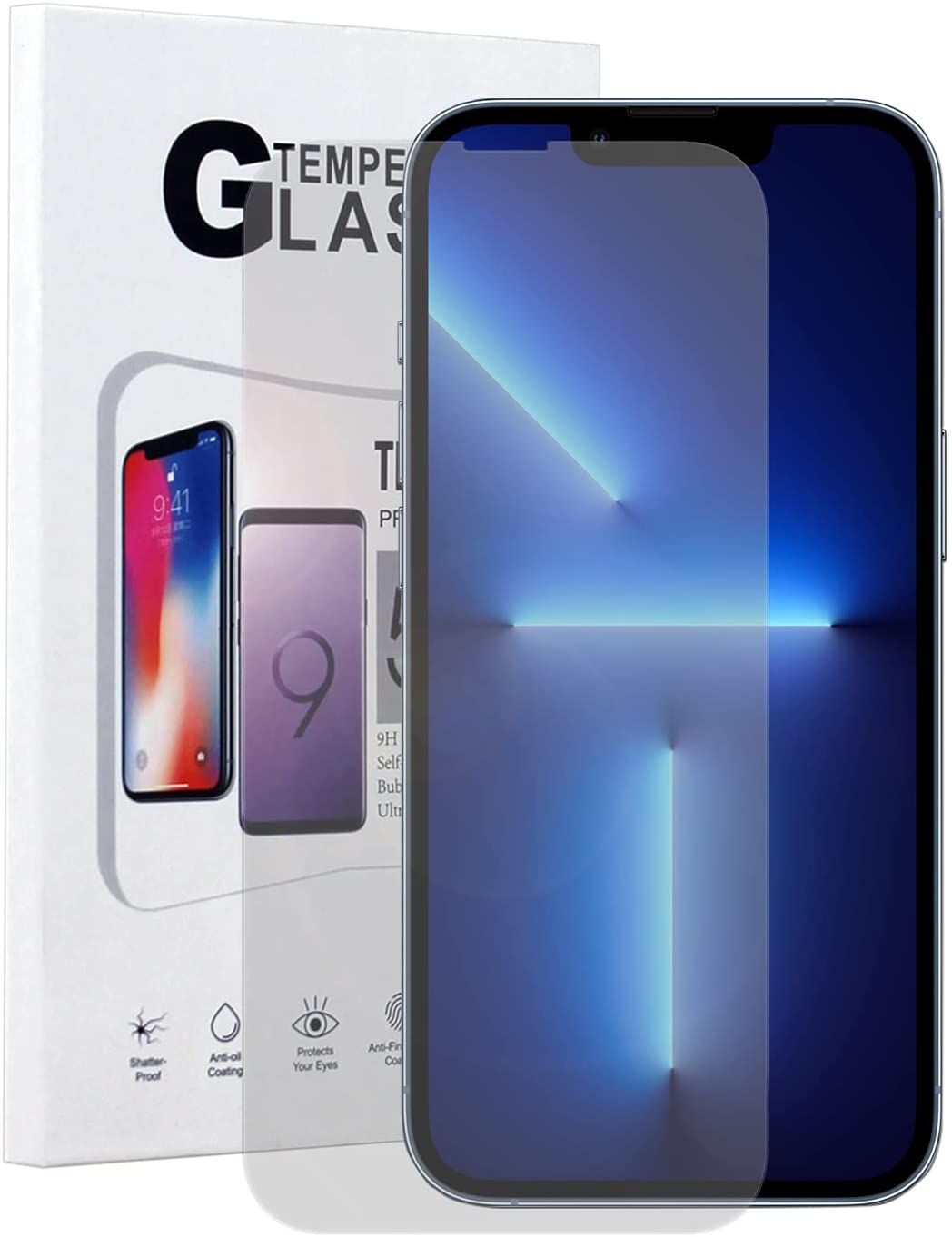 A transparent, tempered glass, screen protector. Made for the iPhone 13, 13 Pro, 13 Pro Max, and 13 Mini.
