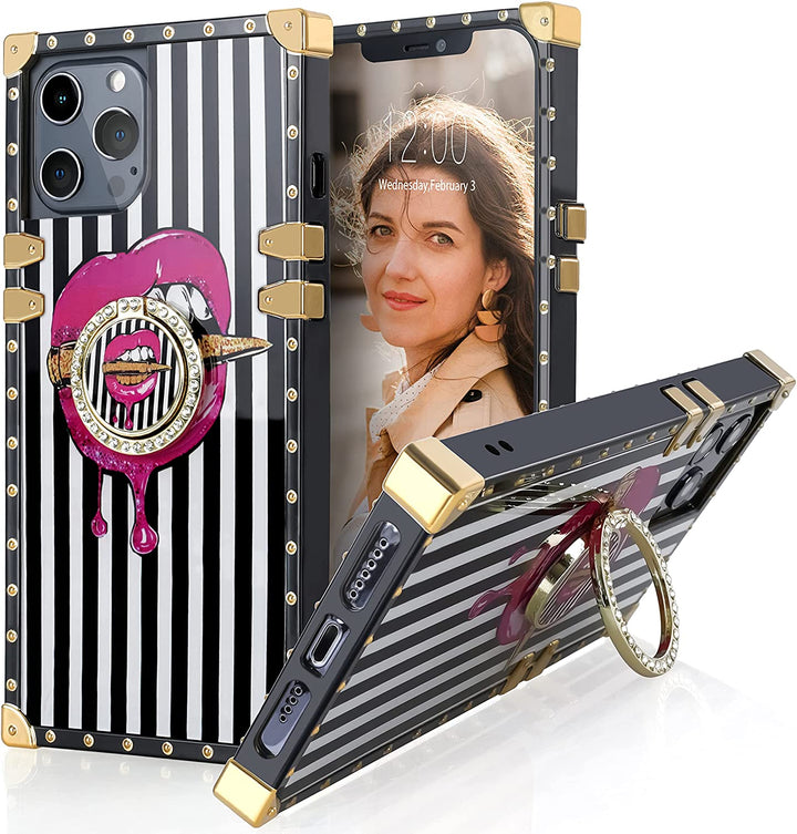 An Apple iPhone 13 Pro case; ring-handle-kickstand; rectangular-shaped; black trim with gold-rivets; gold corner bumpers; black-white vertical lines; with bullet and lip graphic. #color_bullet-and-lips