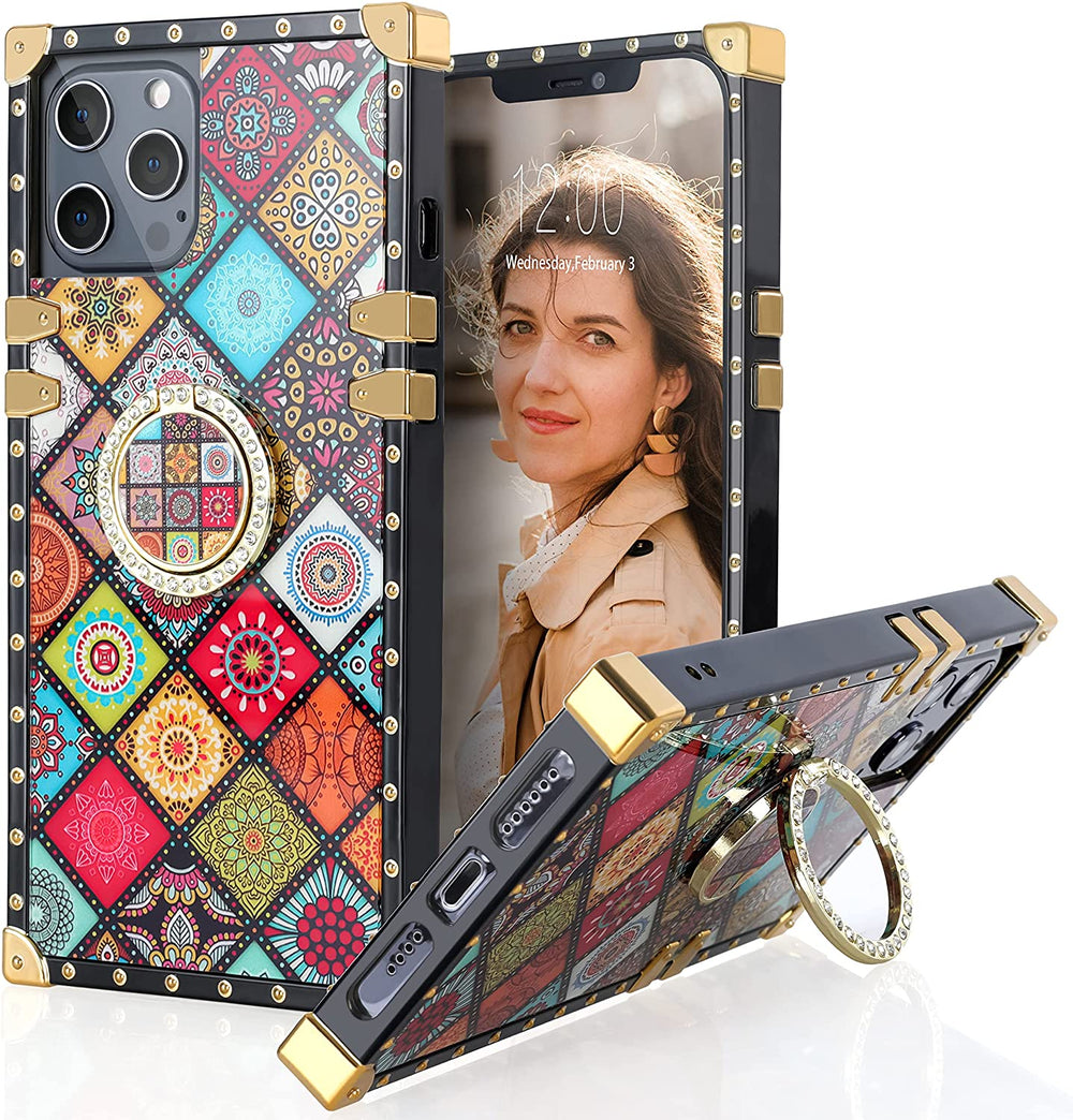 An Apple iPhone 13 Pro case; ring-handle-kickstand; rectangular-shaped; black trim with gold-rivets; gold corner bumpers; with colorful diamond mosaics. #color_colorful-diamond-shapes