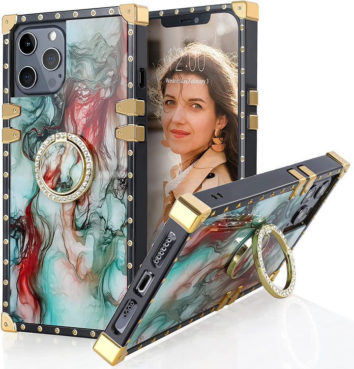 An Apple iPhone 13 Pro case; ring-handle-kickstand; rectangular-shaped; black trim with gold-rivets; gold corner bumpers; red and teal smoke patterns. #color_red-and-teal-water-color