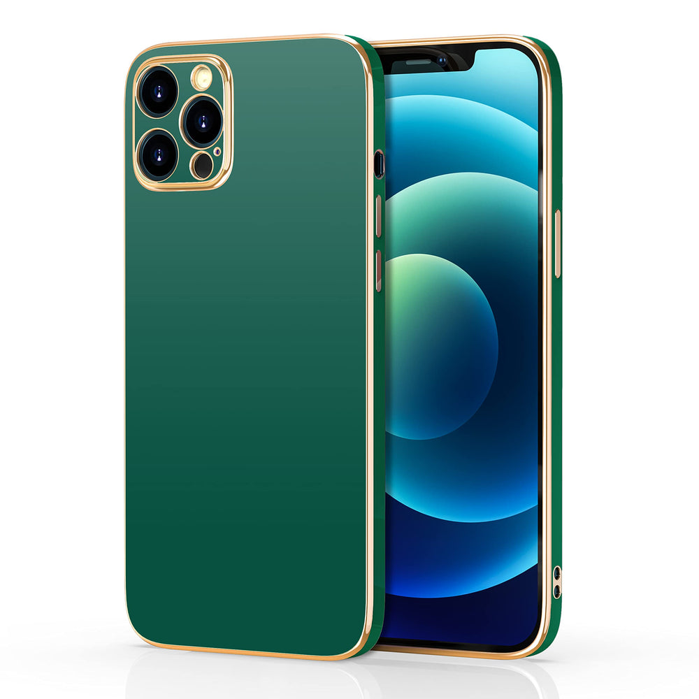 A dark-green, TPU, Apple iPhone 12 Pro Max case, with gold trim.#color_dark-green