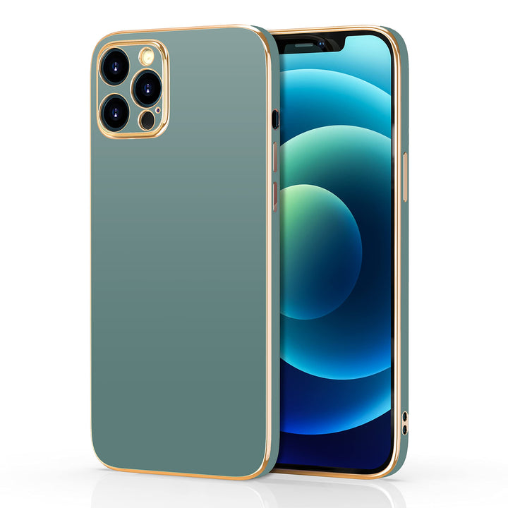 A dusty-blue, TPU, Apple iPhone 12 Pro Max case, with gold trim. #color_dusty-blue