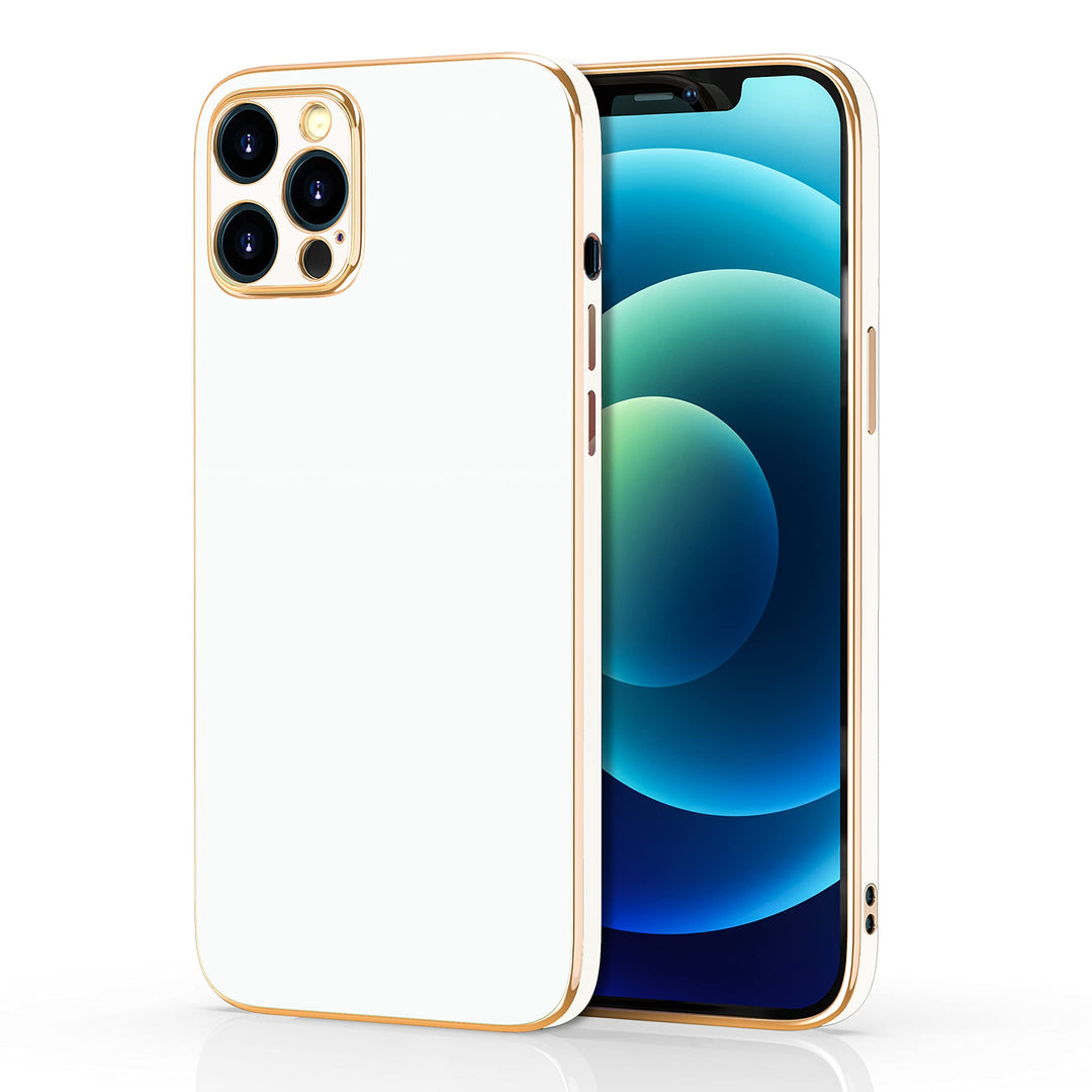 A white, TPU, Apple iPhone 12 Pro Max case, with gold trim. #color_white