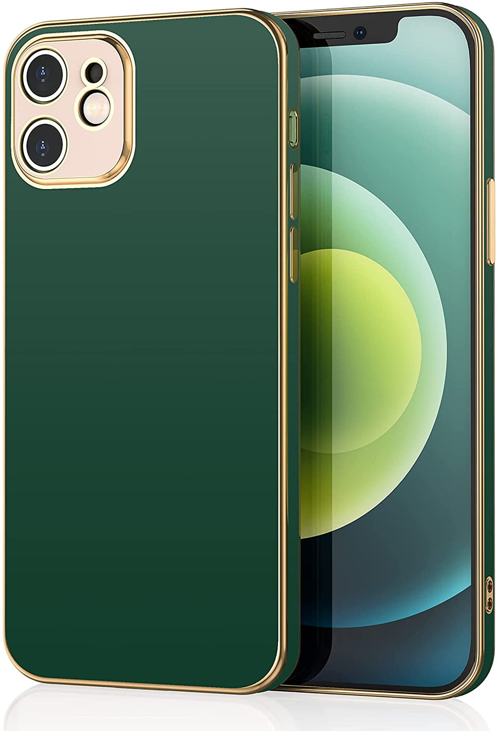 An Apple iPhone 12 and 12 Pro case, dark green, with gold trim. #color_dark-green