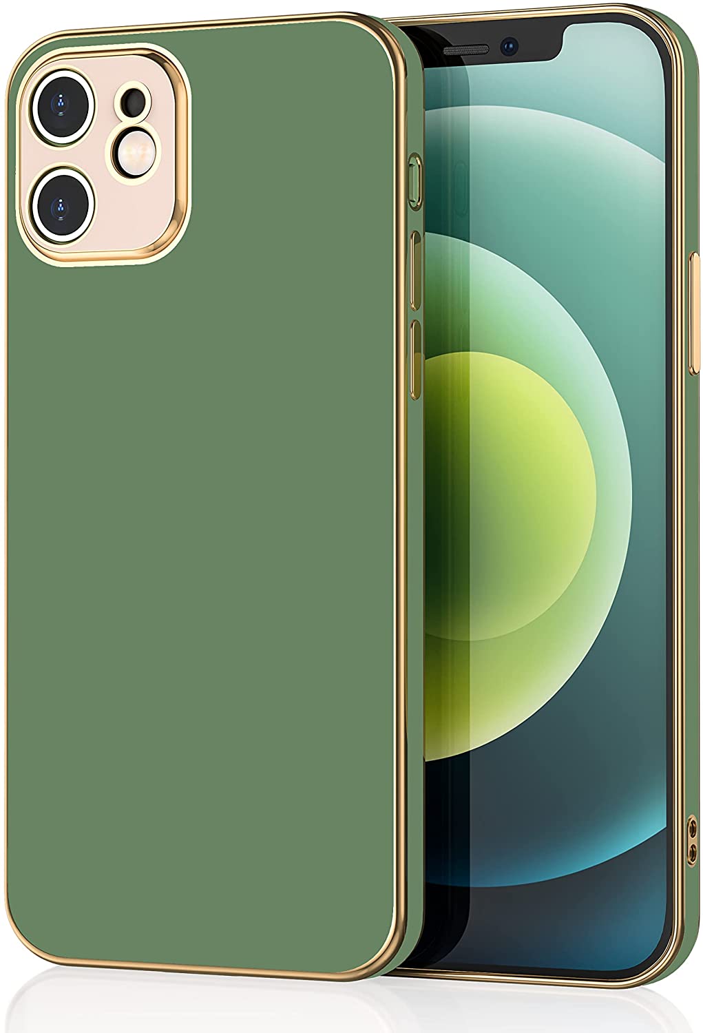 An Apple iPhone 12 and 12 Pro case, light green, with gold trim. #color_light-green