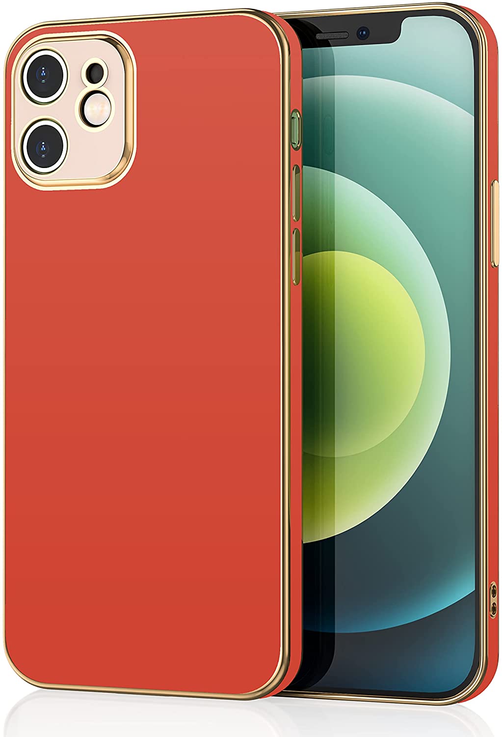 An Apple iPhone 12 and 12 Pro case, red, with gold trim. #color_red