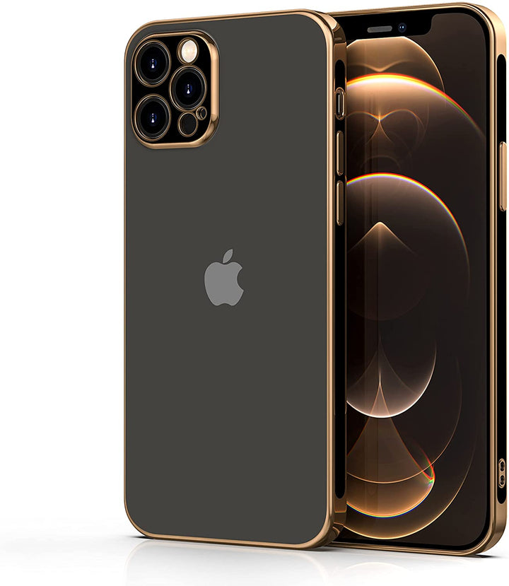 A black, TPU, iPhone 12 Pro Max case, with gold and black trim. #color_black