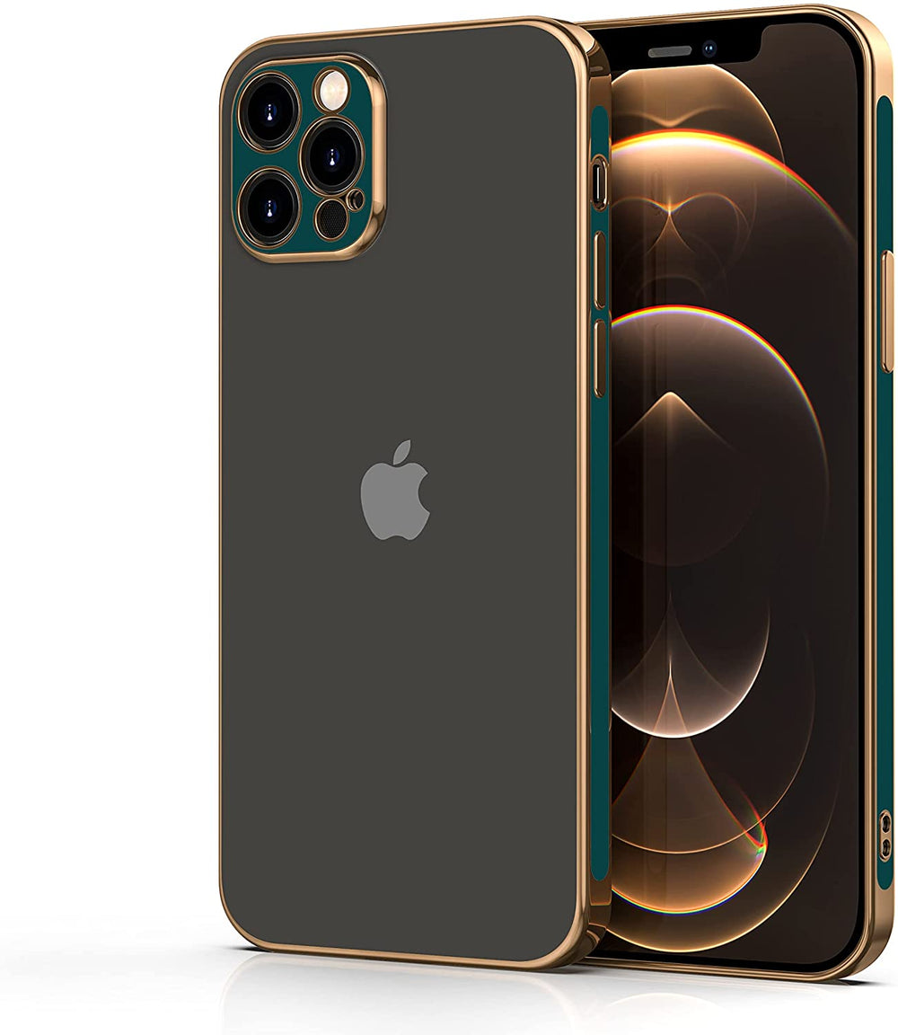 A black, TPU, iPhone 12 Pro Max case, with gold and dark-green trim. #color_dark-green