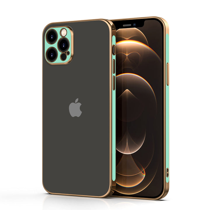 A black, TPU, iPhone 12 Pro Max case, with gold and teal trim. #color_teal