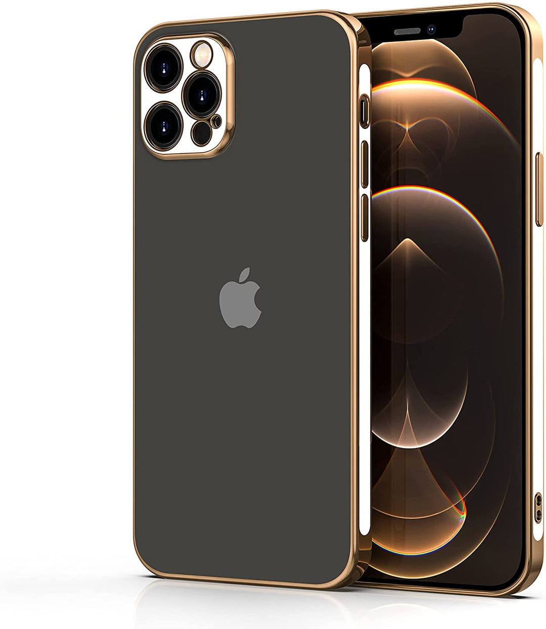 A black, TPU, iPhone 12 Pro Max case, with gold and white trim. #color_white