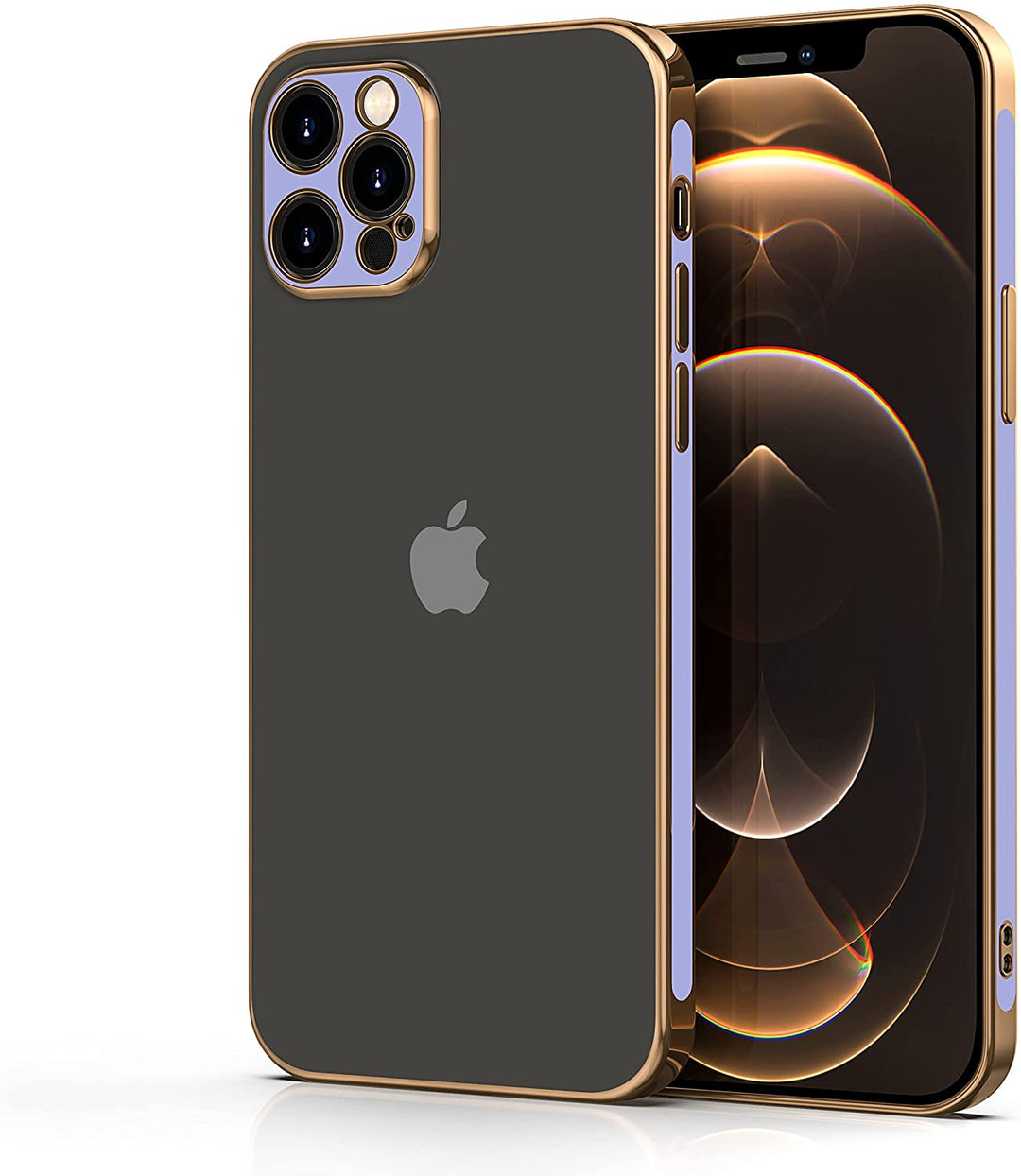 A black, TPU, iPhone 12 Pro Max case, with gold and purple trim. #color_light-purple