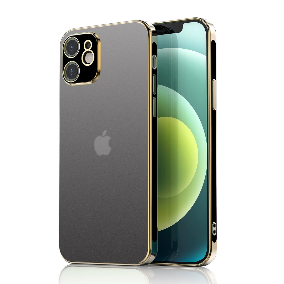 An Apple iPhone 12 or 12 Pro case, all-clear, with black and gold trim. #color_black