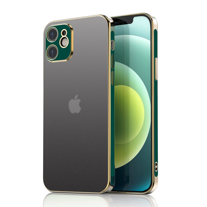 An Apple iPhone 12 or 12 Pro case, all-clear, with dark-green and gold trim. #color_dark-green