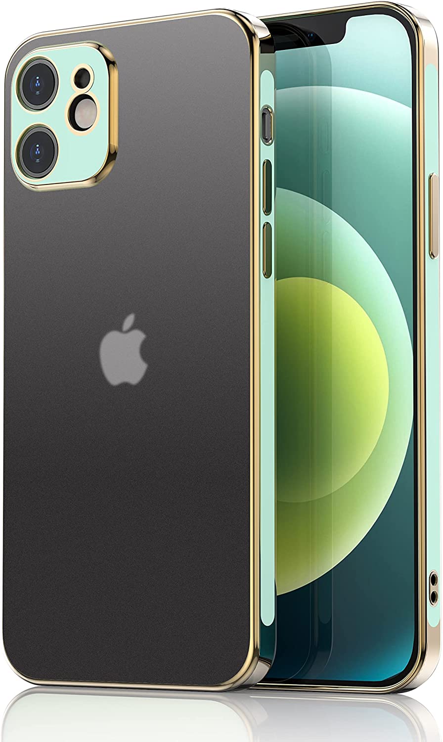 An Apple iPhone 12 or 12 Pro case, all-clear, with teal and gold trim. #color_teal