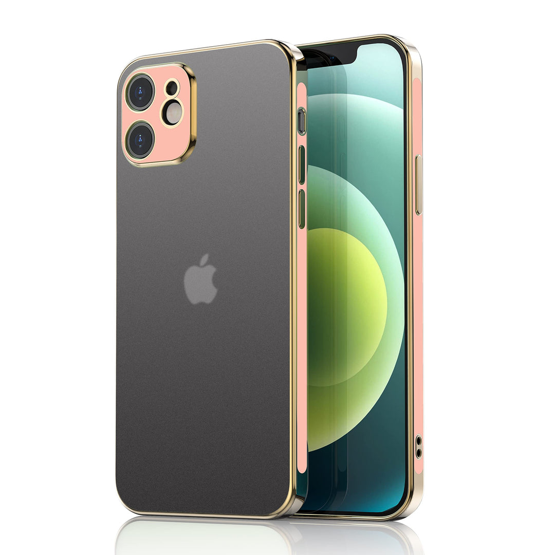An Apple iPhone 12 or 12 Pro case, all-clear, with light-pink and gold trim. #color_light-pink