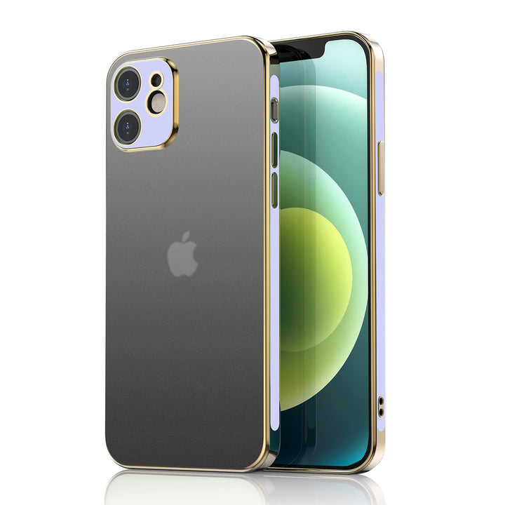 An Apple iPhone 12 or 12 Pro case, all-clear, with light-purple and gold trim. #color_light-purple