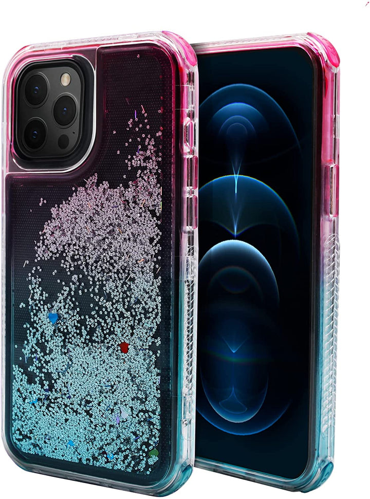 An iPhone 12 Pro Max case, with shifting-sand snow globe effect, and transitioning sky-blue-pink color gradients. #color_pink-sky-blue