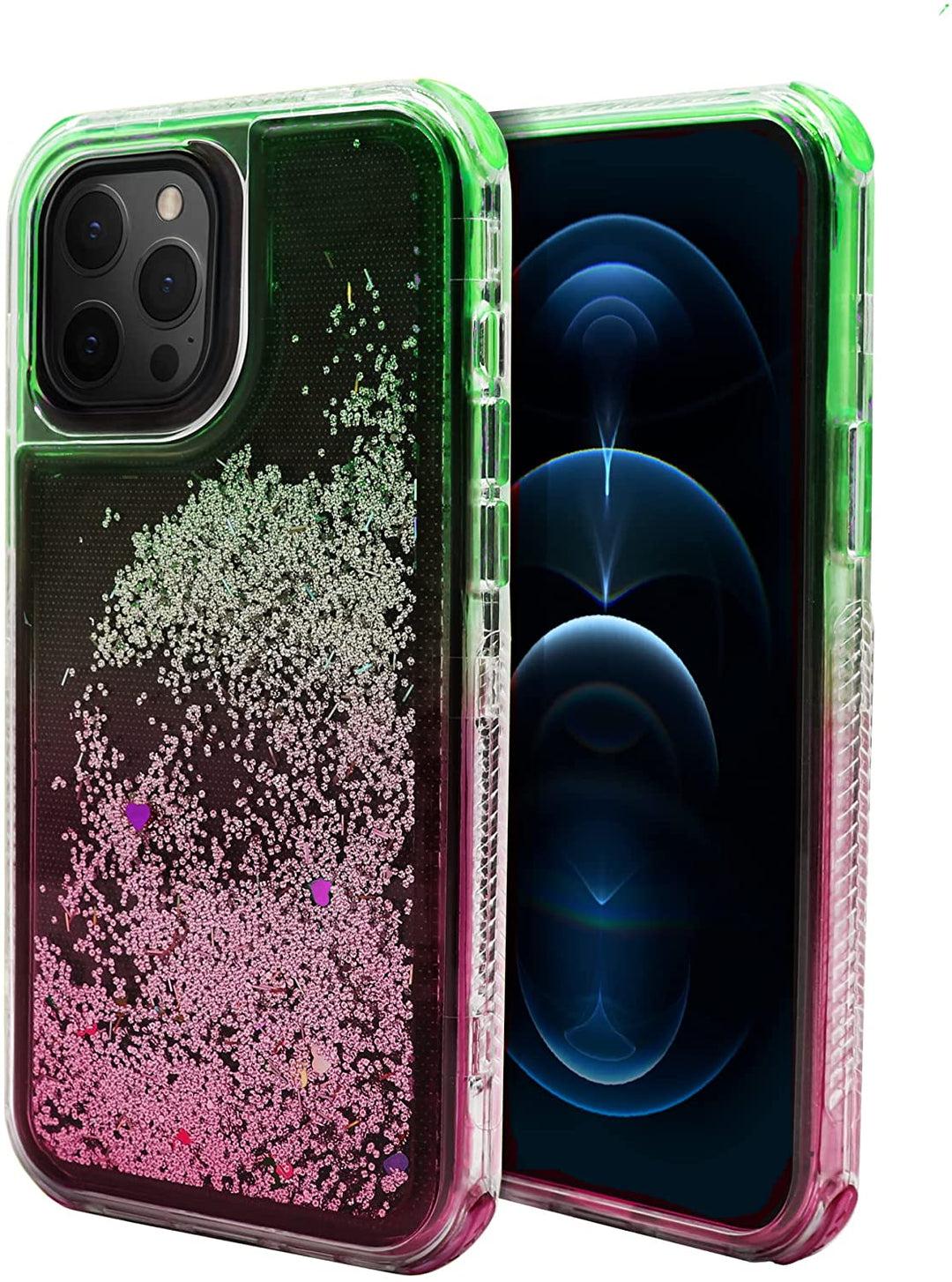 An iPhone 12 Pro Max case, with shifting-sand snow globe effect, and transitioning green-pink color gradients. #color_green-pink