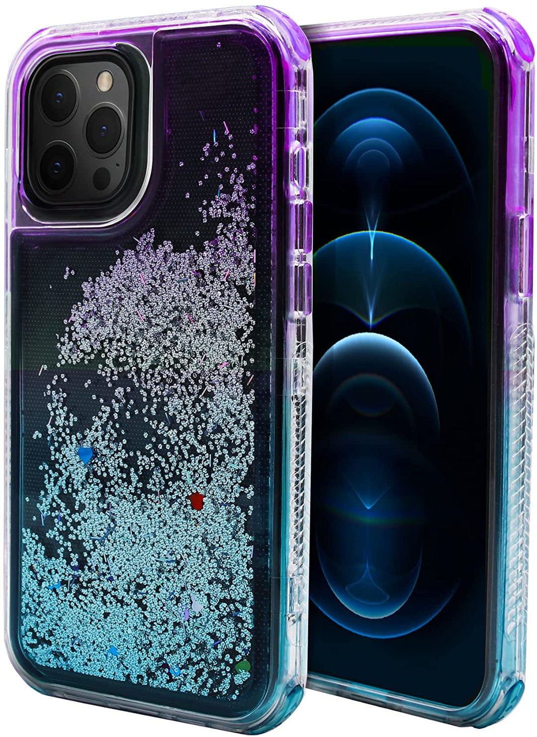 An iPhone 12 Pro Max case, with shifting-sand snow globe effect, and transitioning sky-blue-purple color gradients. #color_purple-sky-blue