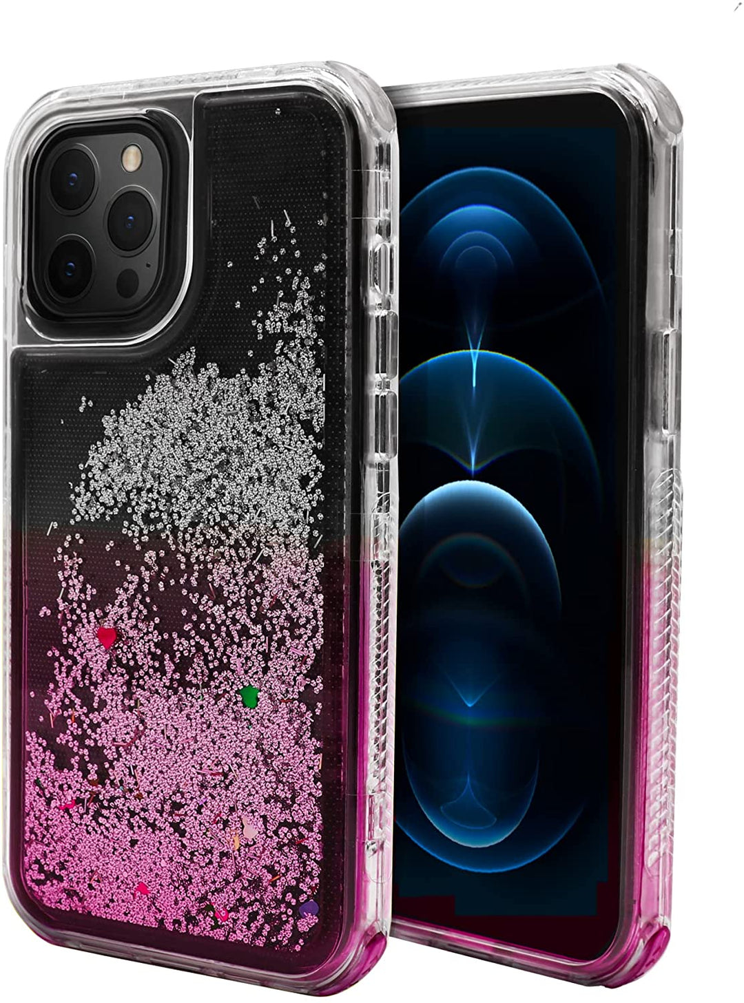 An iPhone 12 Pro Max case, with shifting-sand snow globe effect, and transitioning black-pink color gradients. #color_black-pink