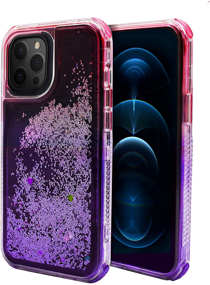 An iPhone 12 Pro Max case, with shifting-sand snow globe effect, and transitioning purple-pink color gradients. #color_pink-purple