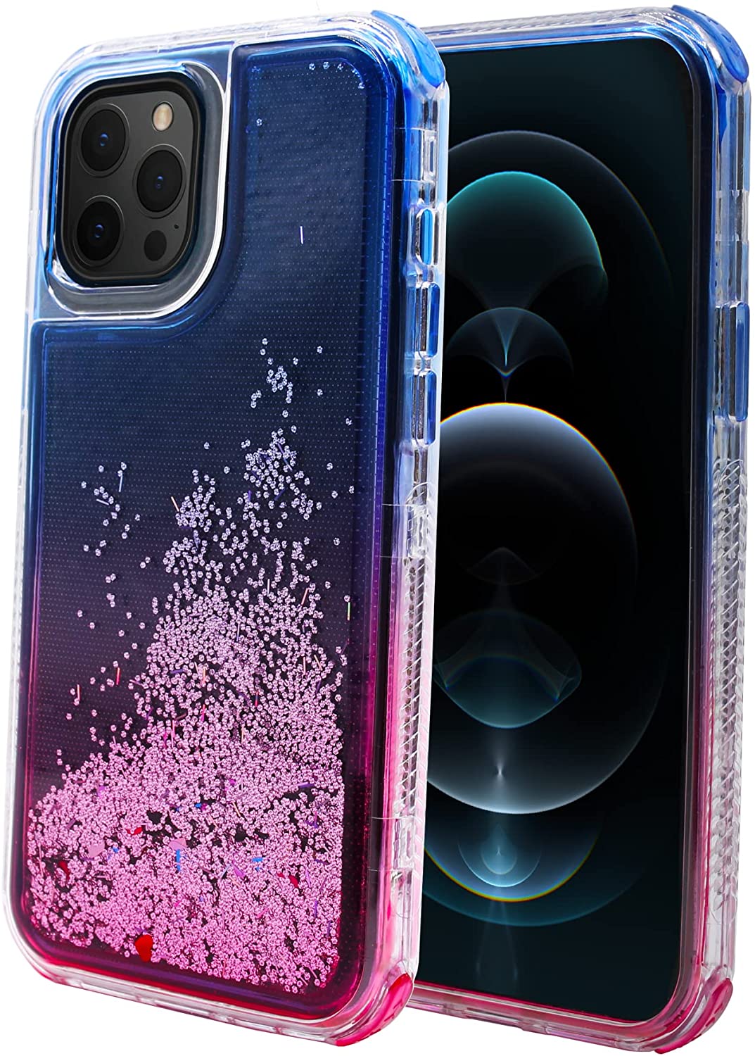 An iPhone 12 Pro Max case, with shifting-sand snow globe effect, and transitioning blue-pink color gradients. #color_blue-pink