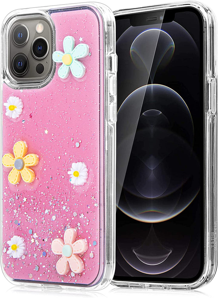 An Apple iPhone 12 Pro Max case, with 3D yellow and white flowers, in front of a glitter and pink backdrop. #color_pink