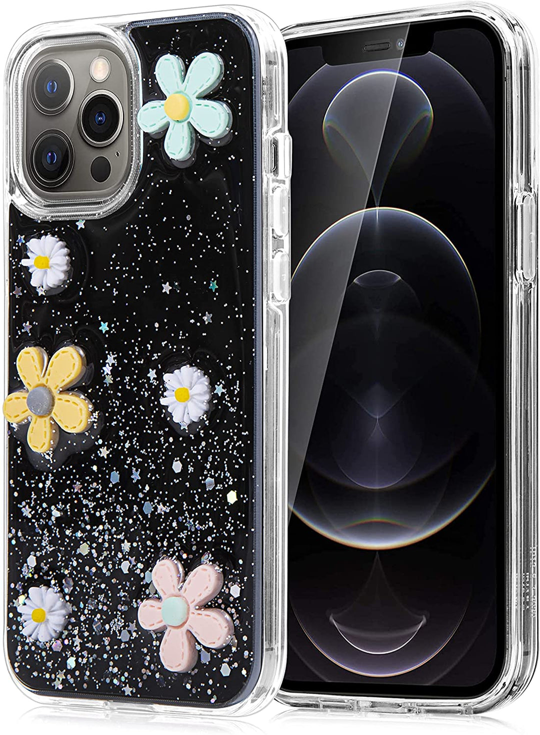 An Apple iPhone 12 Pro Max case, with 3D yellow and white flowers, in front of a glitter and black backdrop. #color_black
