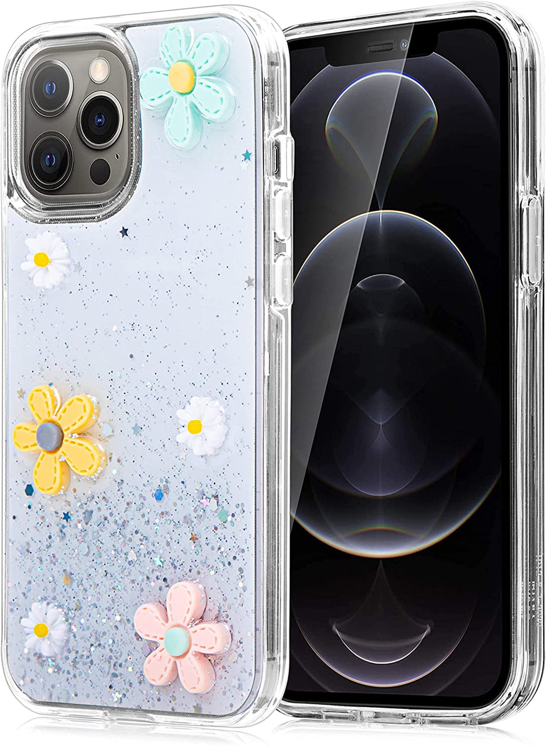An Apple iPhone 12 Pro Max case, with 3D yellow and white flowers, in front of a glitter and white backdrop. #color_white