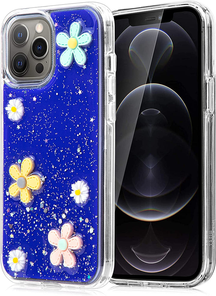An Apple iPhone 12 Pro Max case, with 3D yellow and white flowers, in front of a glitter and blue backdrop. #color_blue