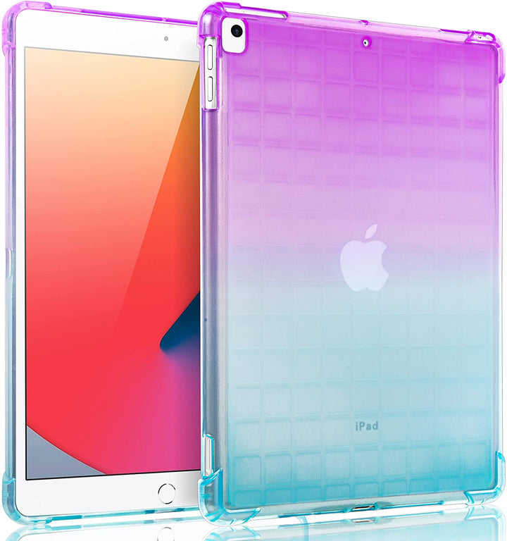 A transparent-colored silicone case with corner-bumpers covering the back of an Apple iPad. The top-half purple blends to the teal-colored bottom-half. #color_purple-green