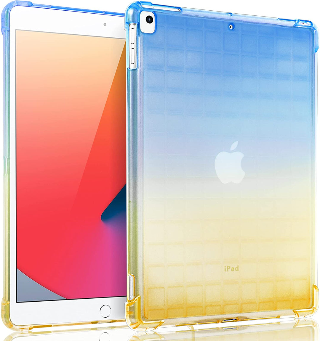 A transparent-colored silicone case with corner-bumpers covering the back of an Apple iPad. The top-half blue blends to the yellow-colored bottom-half. #color_blue-yellow