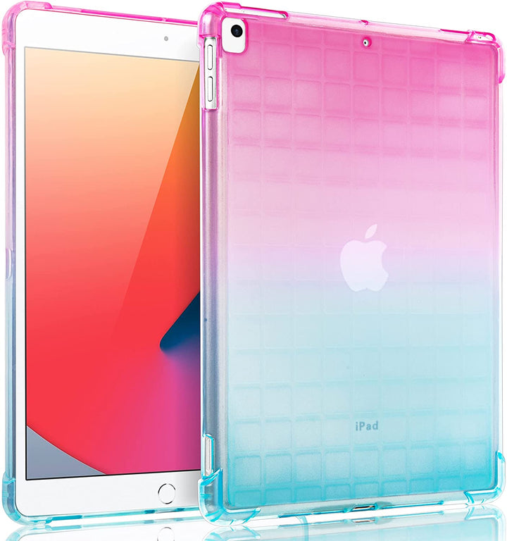 A transparent-colored silicone case with corner-bumpers covering the back of an Apple iPad. The top-half pink blends to the teal-colored bottom-half. #color_pink-green